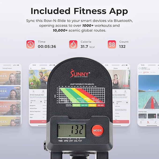 Sunny Health & Fitness Compact Full-Motion Rowing Machine w/Adjustable Resistance, Low-Impact Full-Body Workout Rower w/Long Slide Rail, Space-Saving Design, Optional Free SunnyFit App Connection