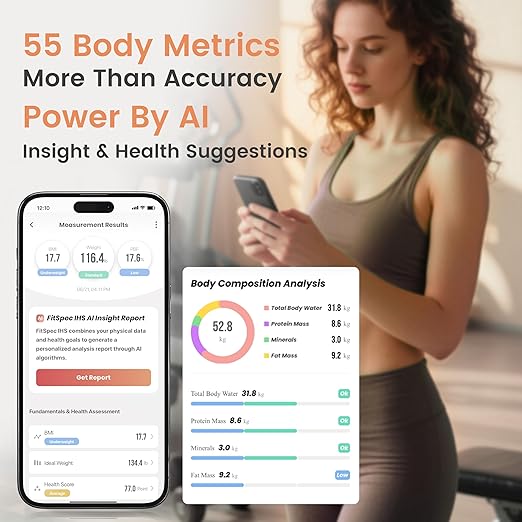 Wonder Core FitSpec Smart Body Fat Scale, Digital Bathroom Scale with 8 Electrodes for Accurate Weight, BMI, Muscle Mass & 55 Points Body Composition Analyzer