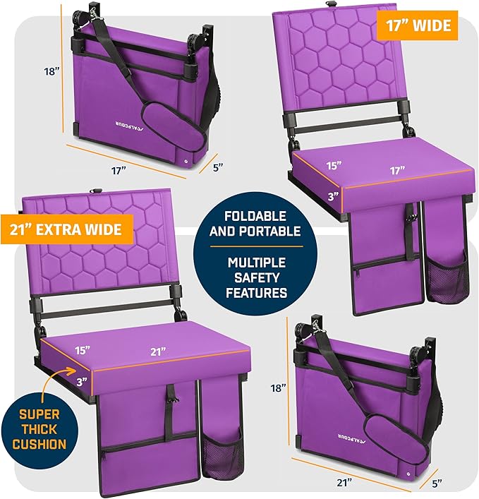 Extra Wide Folding Reclining Stadium Seat with Back Suppot for Bleachers, Bleacher Hooks, Thick Cushion, Cup Holder, Storage Pockets – Portable Chair for Kayak, Canoe, Paddle Board, Concerts, & Sports