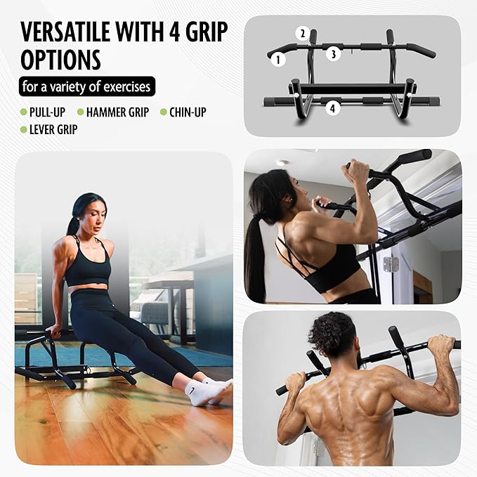 DMoose Fitness Pull Up Bar for Doorway - Upto 250 Lbs Capacity, No Screwing or Slipping, Hanging Pullup & Chin Up Bar for Door Frame - Multi Padded Grips for Strength Training with Installation Guide