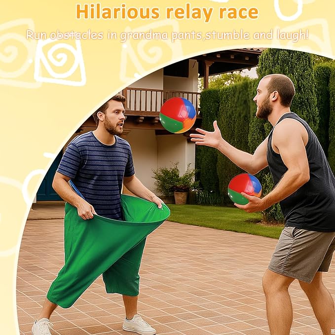 Granny Pants Yard Game Sets Oversized Granny Pants Outdoor Game 2 Pcs Freaky Party Games Pants with 10 Bouncy Balls for Adults Kids Yard Family Reunion Backyard Parties Field Day