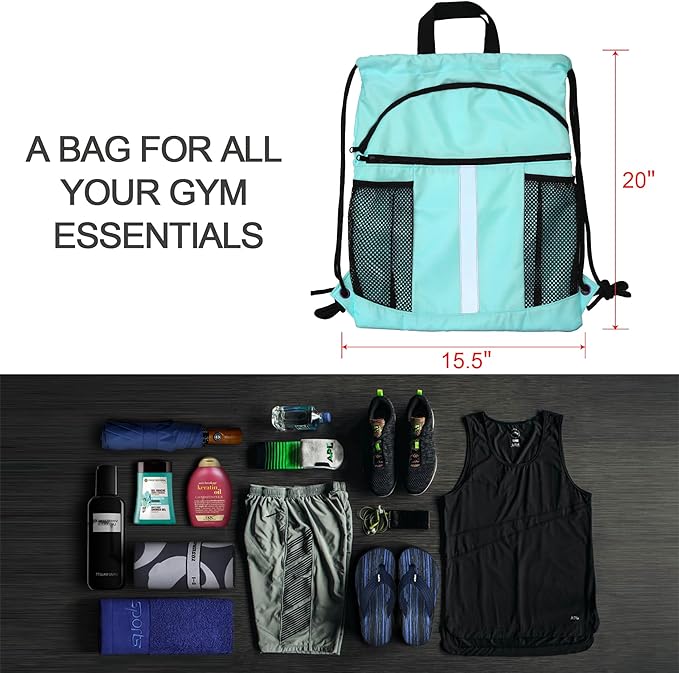 BeeGreen Drawstring Backpack Bag with Shoe Compartment, X-Large Black Gym Sports String Cinch Backpack