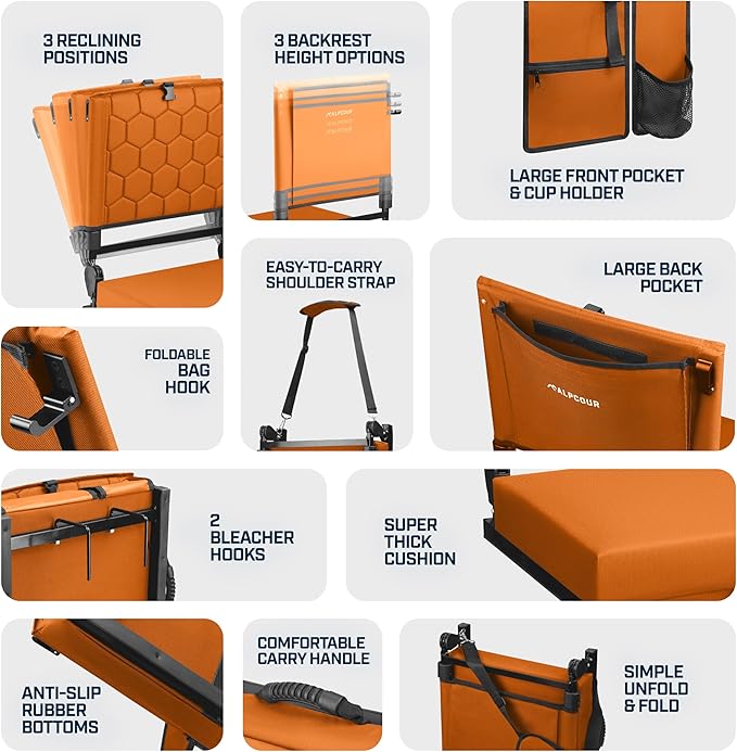 Extra Wide Folding Reclining Stadium Seat with Back Suppot for Bleachers, Bleacher Hooks, Thick Cushion, Cup Holder, Storage Pockets – Portable Chair for Kayak, Canoe, Paddle Board, Concerts, & Sports