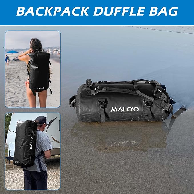 Malo'o Airtight Waterproof Adventure Duffle - Ideal for Kayaking, Camping, Beach, Fishing, Boating, Hiking - Water-Tight Zipper