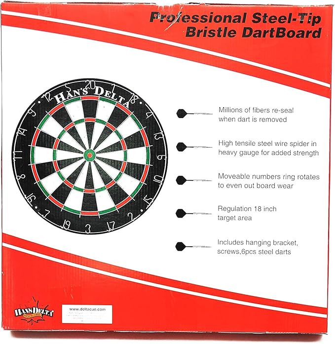 HAN'S DELTA Professional Regulation Dartboard Set, Staple-Free Bullseye, High Tensile Steel Spider Wire, Moveable Numbers Ring, Includes 6 Steel Tip Darts