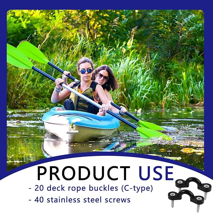 20 Pack Kayak Pad Eye Kit, Nylon Bungee Deck Loops with 40 Stainless Steel Screws, Tie Down Pad Eyes for Kayaks, Canoes, Boats, Deck Rigging, Paddle Holders & Marine Accessories