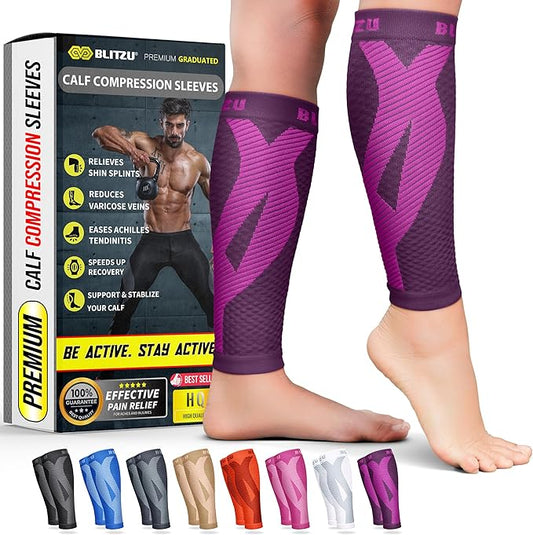 BLITZU Calf Compression Sleeve for Men & Women Footless Compression Socks Support Runners Leg Sleeve Shin Splints Pain Relief