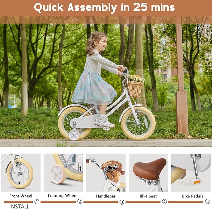 Glerc Little Molly 12-20 Inch Kids Retro Cruiser Bike for 2-13 Year Old with Wicker Basket & Training Wheels/Kickstand, Multiple Colors