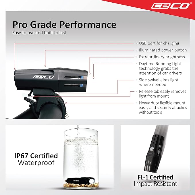 CECO-USA: 1,200 Lumen USB Rechargeable Bike Light – Tough & Durable IP67 Waterproof & FL-1 Impact Resistant– Super Bright Model F1200 Bicycle Headlight – For Commuters, Road Cyclists & Mountain Bikers