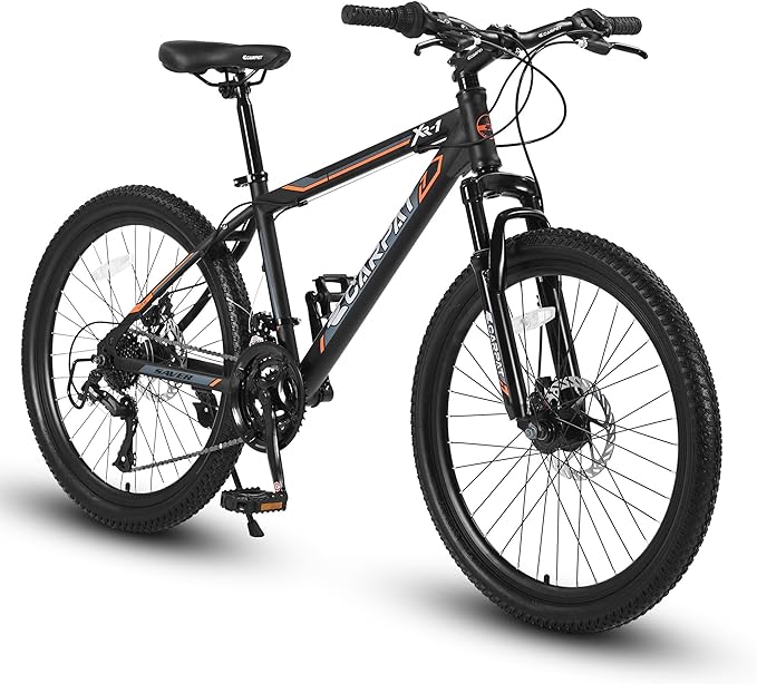 24/26 Inch Mountain Bike, 21 Speed Mountain Bicycle with High Carbon Steel Frame, Dual Disc Brakes and Front Suspension, MTB Bike for Adult Teenagers Boys Girls