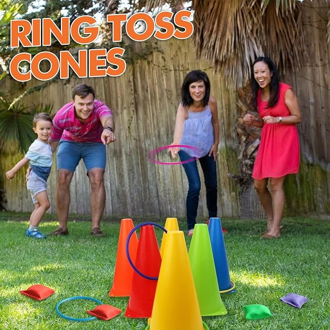 CircleCraft 31 Pcs. Plastic Cones and Rings Games Ring Toss Games for Adults, Carnival Games for Kids, Bean Bag for Kids Games Birthday Party, Yard Game, Sports & Outdoor Game for Family Party