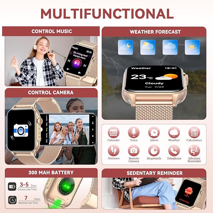 Smart Watches for Women (Answer/Make Call) with LED Flashlight, 1.96" HD Touch Screen Fitness Tracker with Heart Rate Sleep Monitor, Waterproof Smartwatch with 100+ Sports Modes