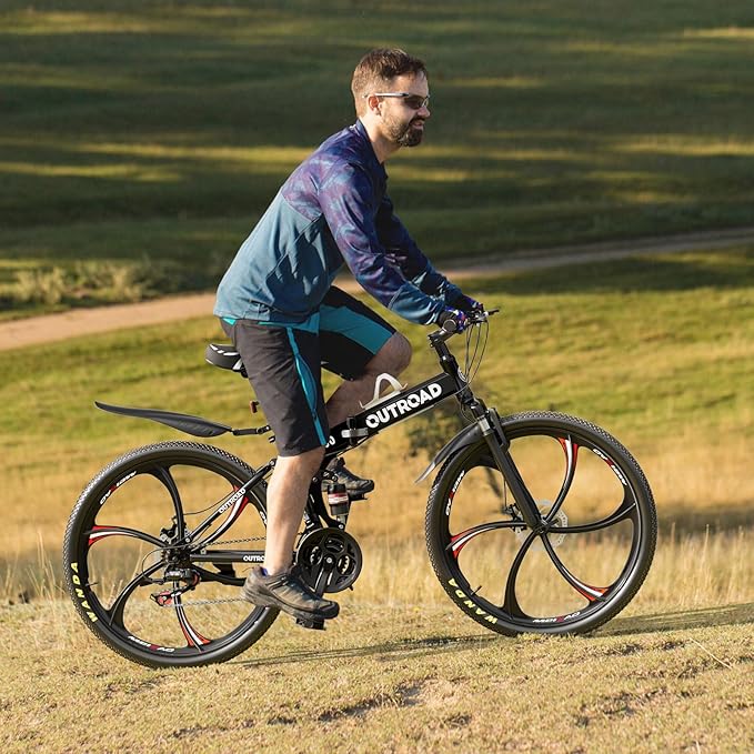 26 inch Folding Mountain Bike, Carbon Steel Frame and 21 Speed, Double Disc Brake and Dual Suspension Folding Bike for Adults/Men/Women, Easy Assembly Bicycle(Black/Green/Orange)