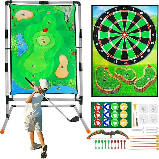 Golf Chipping Game with Stand, Multi-Sport Golf Practice Set with Archery, Darts,Double-Sided Hitting Mat for Backyard Fun, Indoor/Outdoor Sports Toy for Kids & Adults