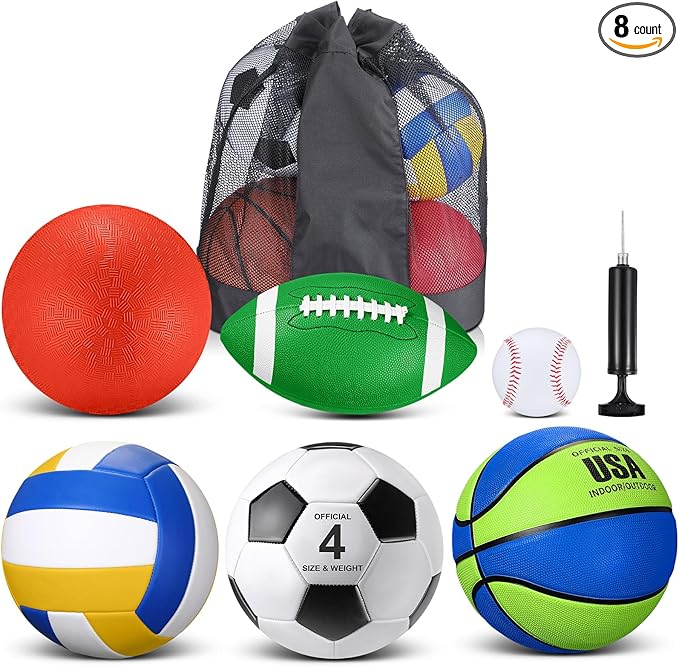 Realspring 6 Pcs Multi Sport Ball Set for Kid Teen Operation Christmas Official Size Football, Basketball, Soccer, Volleyball, Playground Ball, Baseball with Sports Equipment Bag Pump