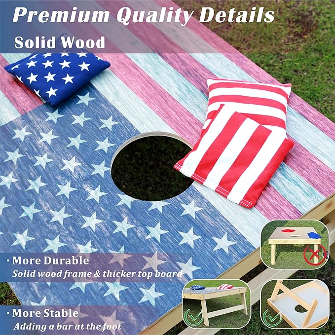 Cornhole Board Set 4FTx2FT Solid Wood Regulation Size Cornhole Set Includes 8 Cornhole Bags for Adults