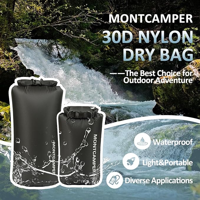 2-pack 30D Nylon Waterproof Dry Bag-Portable Storage Sack for Kayaking, Hiking and Rafting-Roll Top Closure-Float on Water(5L/20L,Black)