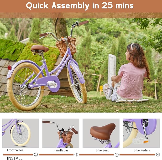 Glerc Little Molly 12-20 Inch Kids Retro Cruiser Bike for 2-13 Year Old with Wicker Basket & Training Wheels/Kickstand, Multiple Colors