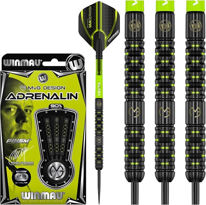 Winmau Michael Van Gerwen MvG Adrenalin 90% Tungsten Darts Set with Flights and Stems (Shafts)
