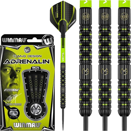 Winmau Michael Van Gerwen MvG Adrenalin 90% Tungsten Darts Set with Flights and Stems (Shafts)