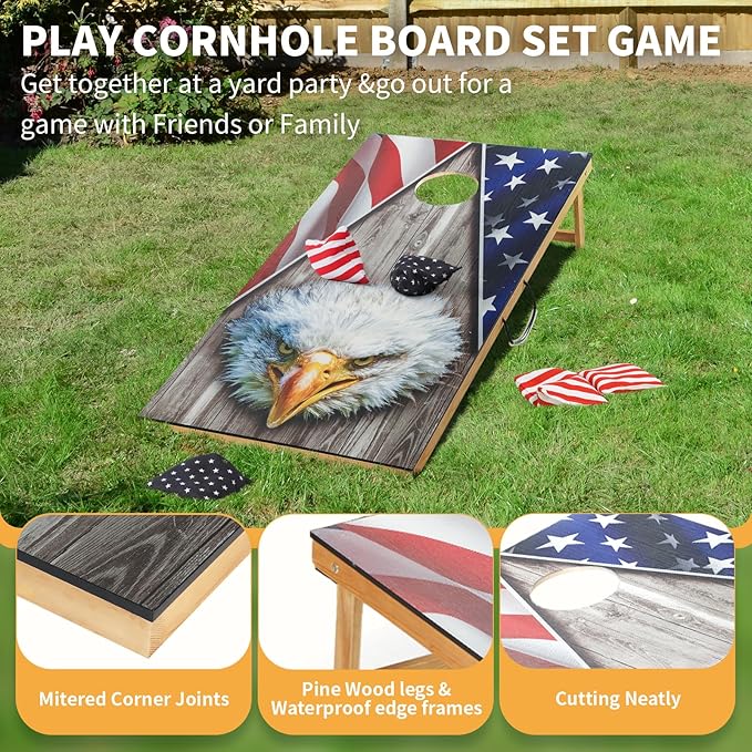 Cornhole Set, Corn Holes Outdoor Game, Regulation 2X4 Cornhole Boards, Portable Cornhole Set, Classic American Flag Cornhole Set Includes 2 Boards, 8 Cornhole Beans Bags & Carry Case