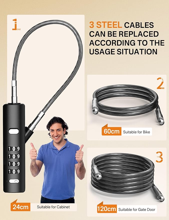 4-Digit Combination Cable Luggage Lock with 3 Interchangeable Steel Cables (9"/24"/47") – for Bike, Backpack, Gym, Cabinet, Gate (Black, 2 Pack)