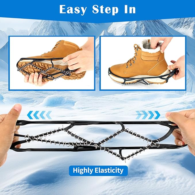 Ice Snow Traction Cleats Crampons, 28 Teeth Snow Spikes for Shoes and Boots, Rubber Anti Slip Ice Snow Grippers, Ice Cleats for Walking On Snow and Ice, Hiking, Climbing