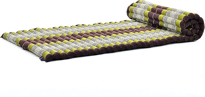 Leewadee - Foldable Floor Mattress - Japanese Roll Up Futon -Trifold Tatami Mat- Guest Floor Bed - Camping Mattress - Thai Massage Mat, Kapok Filled, 75 x 28 inches, Brown Green