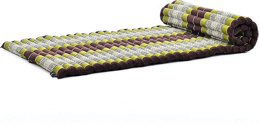 Leewadee - Foldable Floor Mattress - Japanese Roll Up Futon -Trifold Tatami Mat- Guest Floor Bed - Camping Mattress - Thai Massage Mat, Kapok Filled, 75 x 28 inches, Brown Green