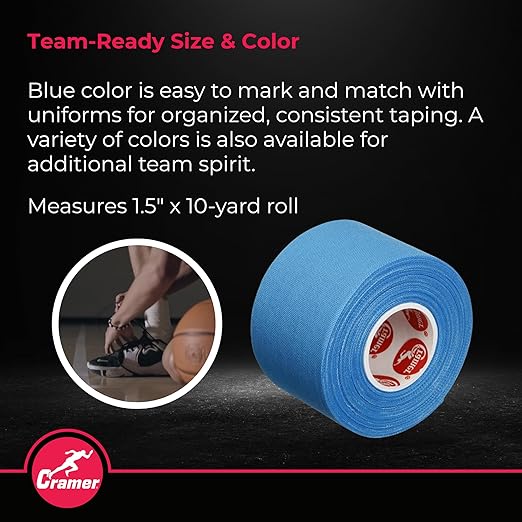 Cramer Team Color Athletic Tape, Blue, Latex-Free, 1.5" x 10yds, 32 Roll Bulk Case, Tearable Sports Tape for Wrists, Ankles, Baseball, Training, Strong Athletic Wrap for Athletes & Trainers