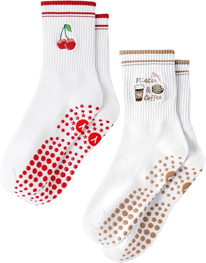 Yawlsow Pilates Grip Socks for Women Yoga Grippy Socks Cute Barre Non Skid Athletic Crew Sticky Sock Workout Hospital