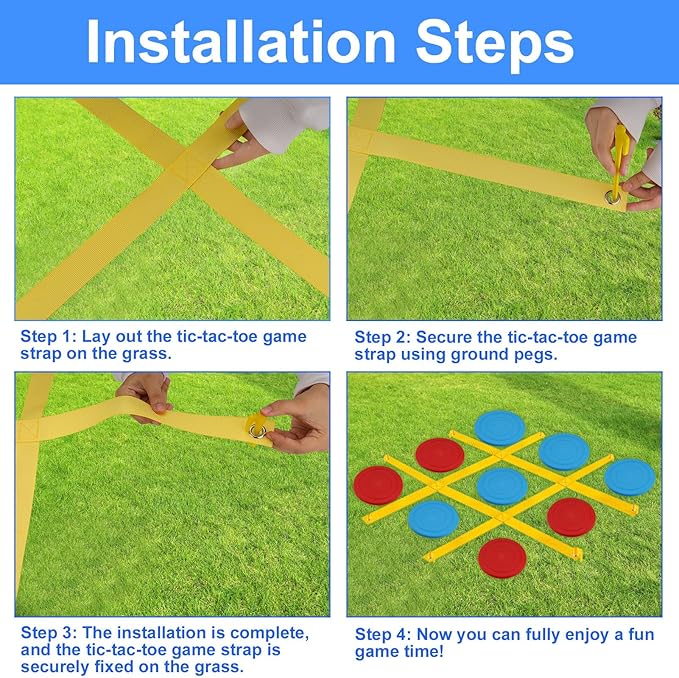 Giant Tic Tac Toe Outdoor Game, 4 Ft X 4 Ft Large Tic Tac Toe Strap Game Outdoor with 10PCS Soft Flying Disc for Kids and Adults to Play Outdoors, Beach, and Park