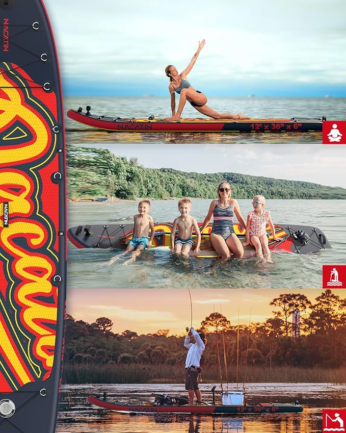 Inflatable Stand Up Paddle Board 12' with Kayak Seat & Dual Paddles – Premium SUP Board for Adults & Families Includes Kayak Conversion Kit, Pump, Leash & Accessories – Stable Wide Deck for Beginners