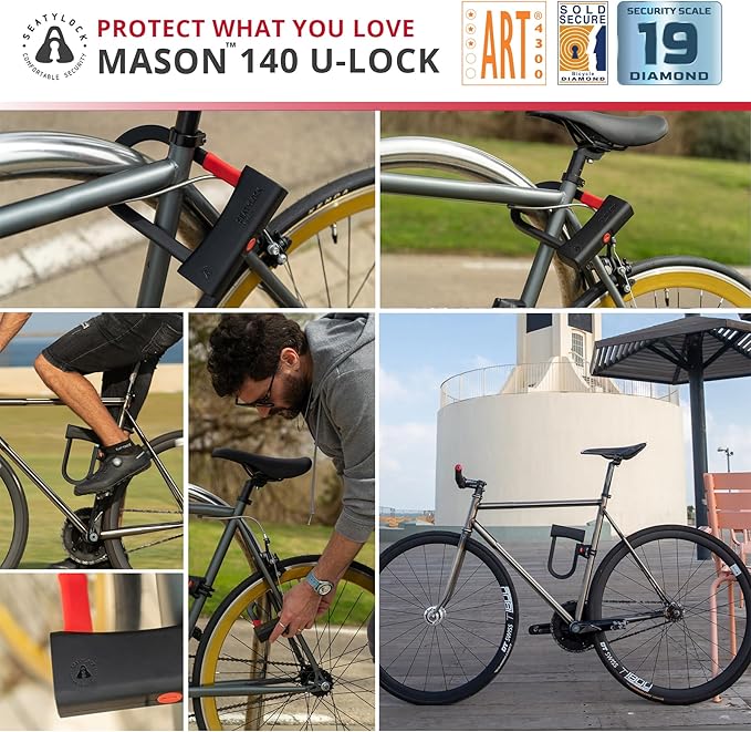 Seatylock Mason Bike U Lock - Patented Heavy Duty Anti Theft Diamond Secure ULock - Ultra Security Bicycle Safety Tool with Keys for City Electric or Mountain Bikes and Scooters