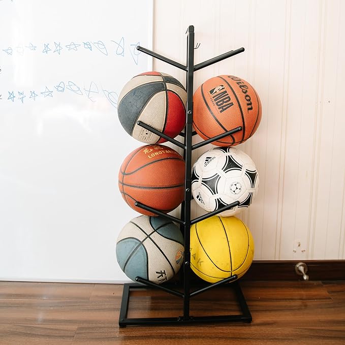 GENMOUS 8-Ball Basketball Holder - 34.5" Tall Double Side Metal Rack Display Stand for Basketball, Football, Volleyball Storage - Sports Decor for Home, Garage, Indoor, Outdoor Ball Storage
