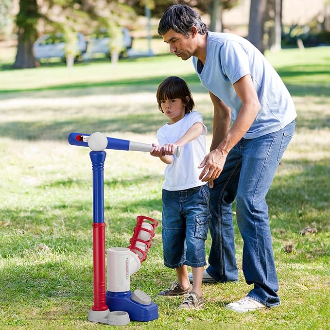 Tball Set for Toddlers 3-5, Tee Ball Set with Step on Pitching Machine/Adjustable Batting Tee/Retractable Baseball Bat/8 Pop Up Balls, Outdoor Sport Toy Games for Kids Boys