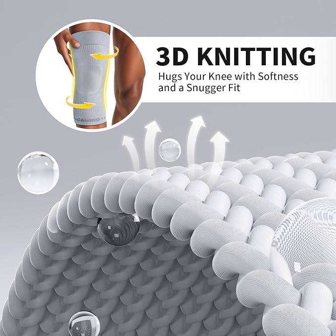 CAMBIVO Elite Motion Series Knee Brace for Women and Men (2 Pack), Ultra-Thin Lightweight Knee Compression Sleeve with Reflective Design for Pain Relief, Running, Workouts, Daily Use (Gray, Large)