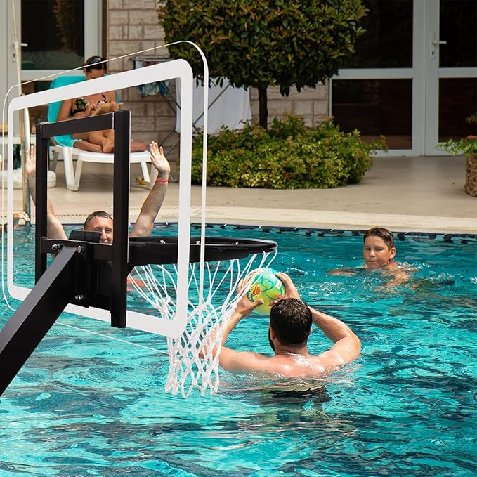 PROGOAL Aluminum Shot and Dunk Poolside Basketball Hoop - In Ground Removable Rust-Resistant Adjustable Height Pool Basketball Game System with Clear Backboard 1/2 Springs Rim and Three Balls
