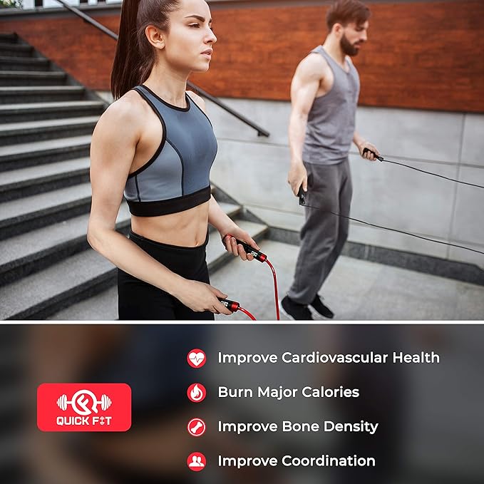 Quick Fit Weighted Jump Rope Set of 2 (1LB) w/ Non-Weighted Skipping Cord - Portable Exercise Accessory for Cardio, HIIT, Endurance - Fun Workout Aid for Burning Heavy Calories - Ball Bearing Handles