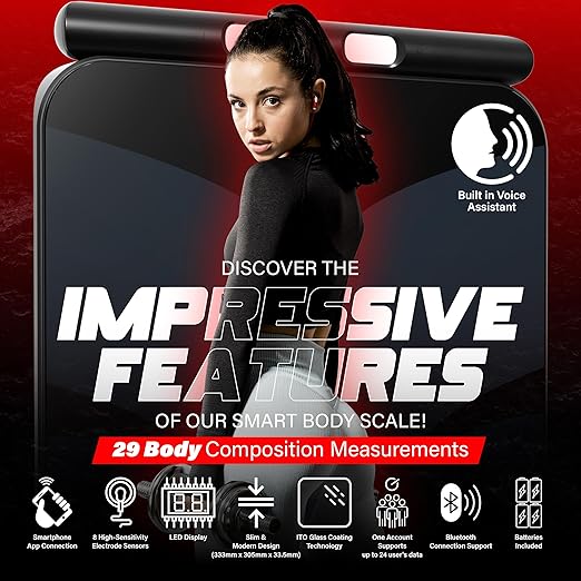 Smart Digital Body Bathroom Scale – 29 Health Body Metrics – for Advanced Fitness Enthusiasts – Durable Tempered Glass – 8 Electrodes Sensors – Smartphone App Support Bluetooth Connection
