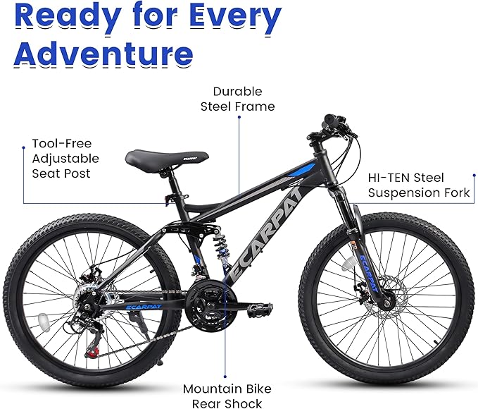 24/26/27.5 Inch Mountain Bike, Dual Full Suspension 21 Speed Womens Mens Mountain Bikes, Commuter Bike with Carbon Steel Frame and Dual Disc Brakes