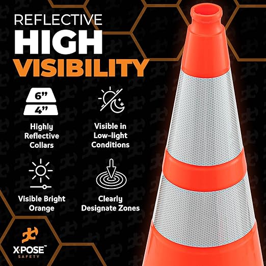 Xpose Safety 28 Inch Orange Traffic Cones with 6" & 4" Collars, 24-Pack - Multipurpose PVC Plastic Safety Cone for Parking, Soccer, Caution, Kids and Construction - DOT Approved