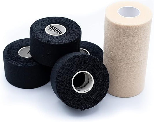 Titan Athletics - Premium Quality Black Athletic Tape/Sports Tape - 1 1/2 Inch x 45 Feet Per Roll - 100 Percent Cotton with Zinc Oxide - Easy Tear Zig Zag Design. (Black, 4 Tape + 2 PreWrap)