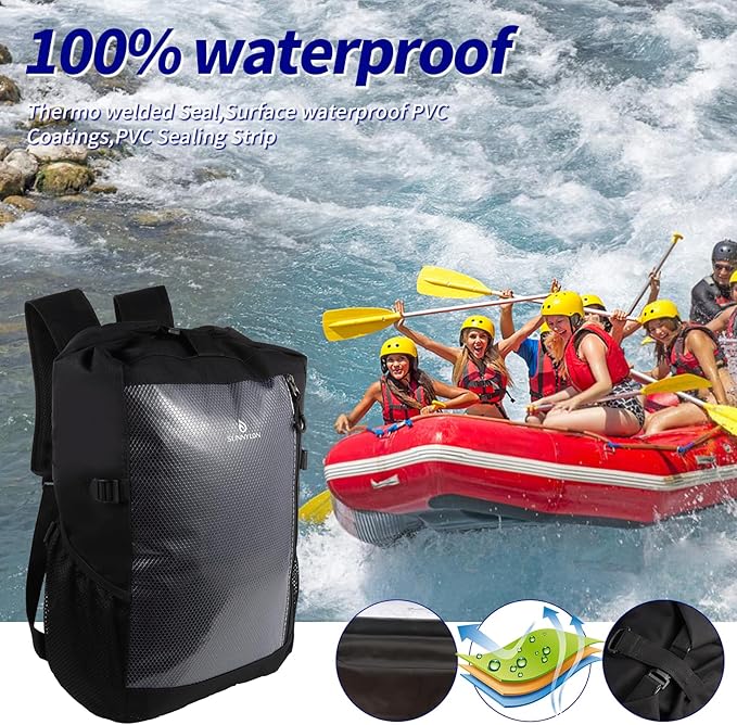 Dry Bag Backpack,25L Dry bags waterproof Kayaking, Waterproof bag with Waist Pouch and Phone Case,Waterproof Backpack Marine dry bag for Kayaking, Beach, Rafting, Boating (Black)