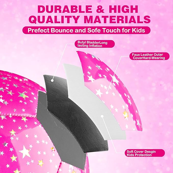 Kids Soccer Ball Size 3 4, Glitter Pink Purple Shiny Toddler Balls for Ages 4-6-8 8-12 Girls Boys Soft Training Ball