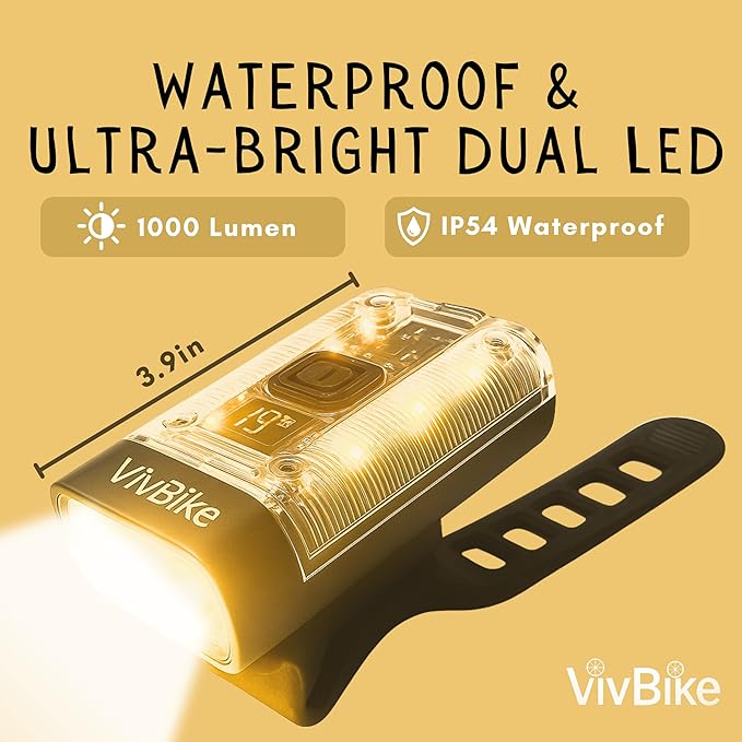 VivBike Rechargeable Bike Light, Extremely Bright 1000 Lumen Dual LED Headlight, USB-C Fast Charging, 360° Rotating Mount, Waterproof | A HerTime2 Brand