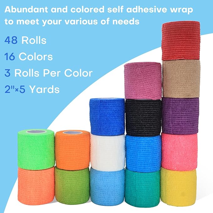 48 Pack 2” x 5 Yards Self Adhesive Bandage Wrap, Elastic Breathable Cohesive Bandage Wrap Athletic Stretch Tape for Wrist Ankle Sports (Multi-Color)