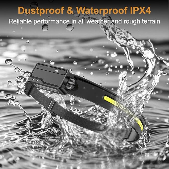 LED Headlamp Rechargeable Waterproof, Motion Sensor Hardhat Headlamp with Clips, 230°Wide Beam Head Lamp 6 Modes, for Adults, Kids, Camping, Running, Hiking, 1 Pack