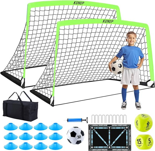 2 Pack Kids Soccer Goal for Backyard Set 5x3FT Portable Pop Up Soccer Net Training Equipment with Soccer Ball, Training Dice Mat, Cones and Carry Bag for Youth Toddler Teams Indoor Outdoor Sport Game