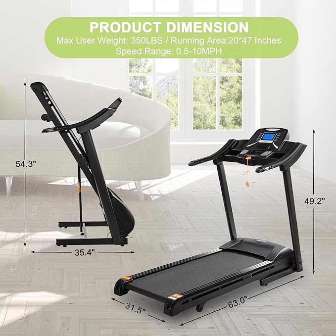 Treadmills for Home, Treadmill with 0-15% Auto Incline, 4.0HP Folding Electric Treadmil, 20" Wide Running Machine with Bluetooth Speaker & Pulse Monitor, 350 LBS Weight Capacity